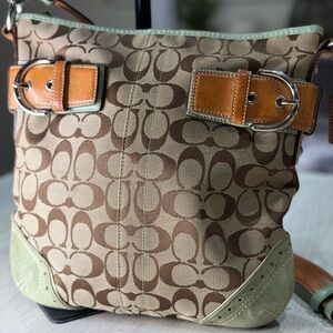 Coach SoHo Buckle Monogram Canvas Tote in Brown and Tan with Green Suede